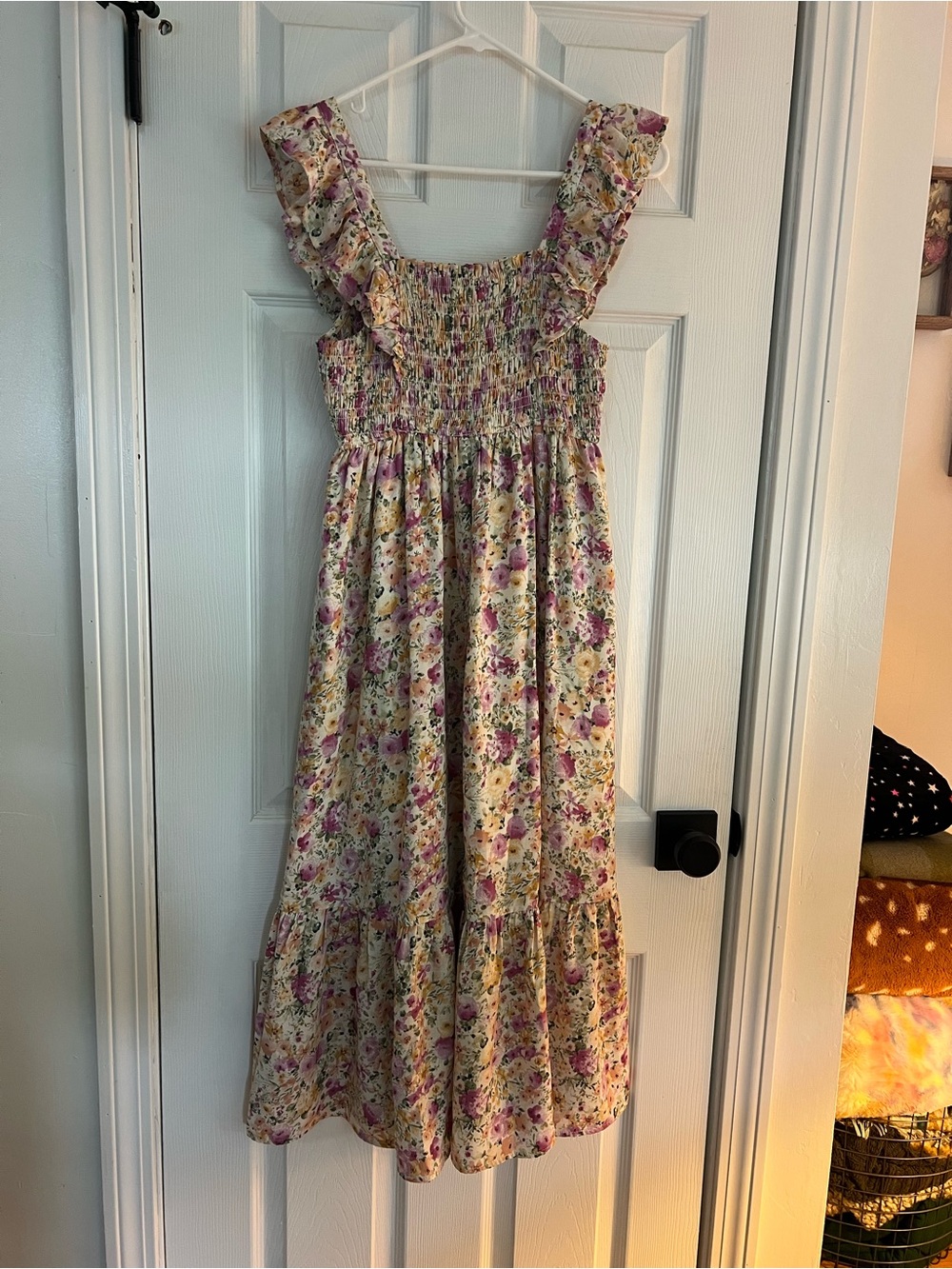 Smocked Floral Midi Dress in Cream and Pink